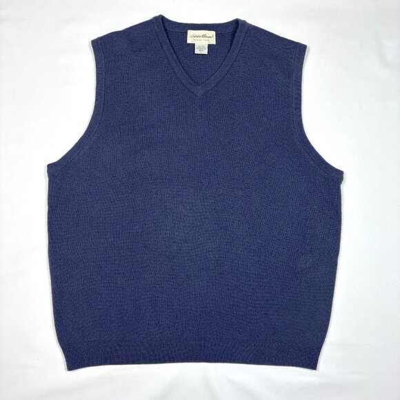 VTG 90s Eddie Bauer 100% Wool Blue V-Neck Pullover Knit Sweater Vest Mens Large - Picture 1 of 6